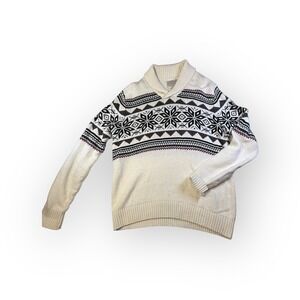 St Johns Bay Mens Shawl Collar‎ Fair Isle Sweater Cream Black Geometric Size L